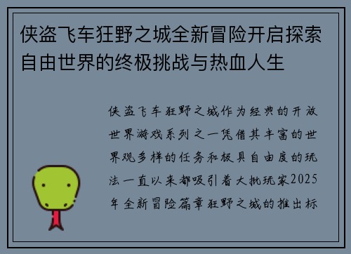 侠盗飞车狂野之城全新冒险开启探索自由世界的终极挑战与热血人生